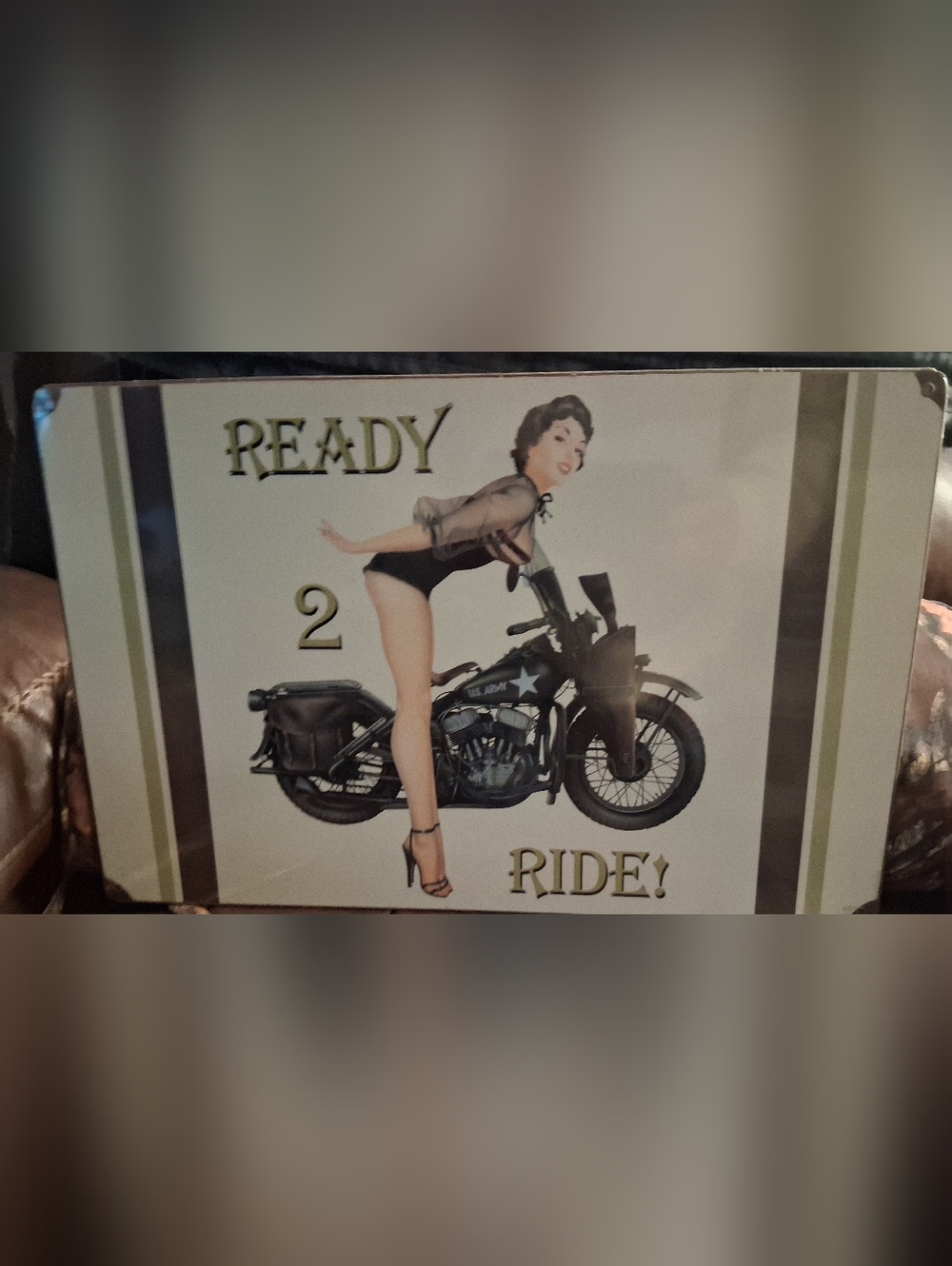 Pinup Motorcycle Art Print - Black, Cream